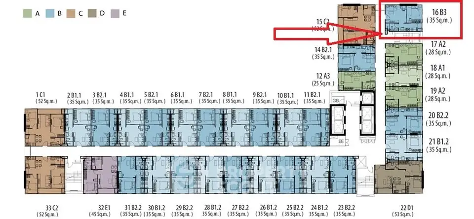 Floor plan layout of a residential building with unit sizes and numbers highlighted.