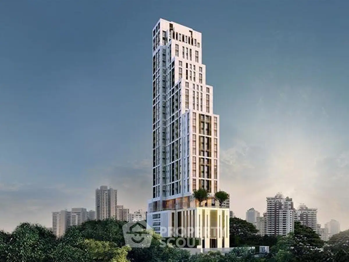 Stunning modern high-rise building with panoramic city views and lush greenery surroundings.