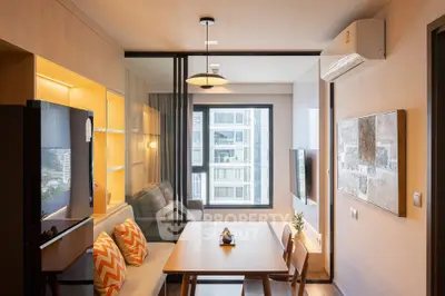 Modern living room with dining area and large window view in stylish apartment.