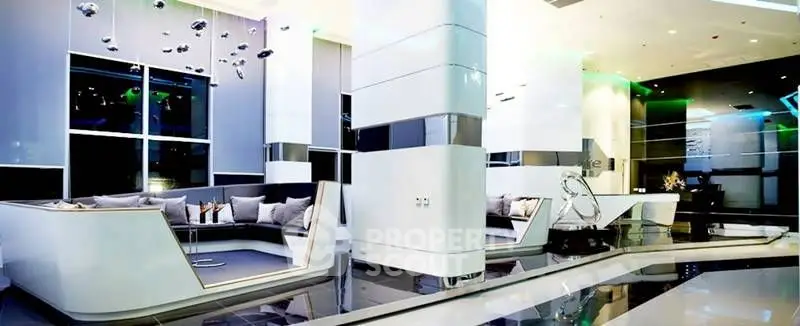 Luxurious modern living room with sleek design and ambient lighting