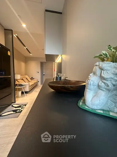 Modern living room with stylish decor and cozy seating area