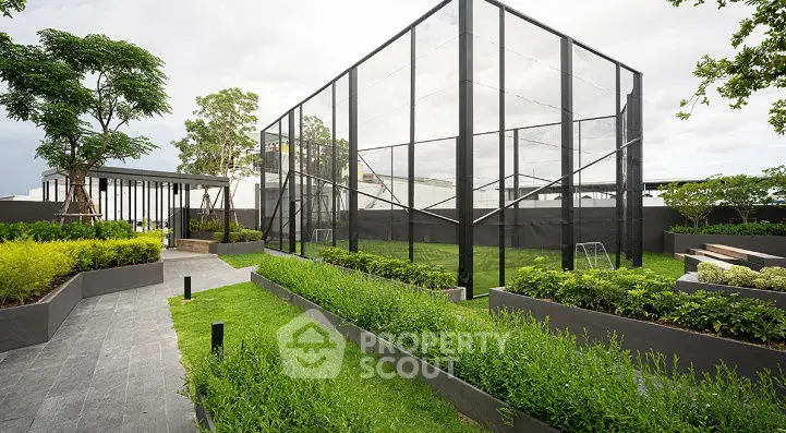 Modern rooftop garden with lush greenery and sleek design