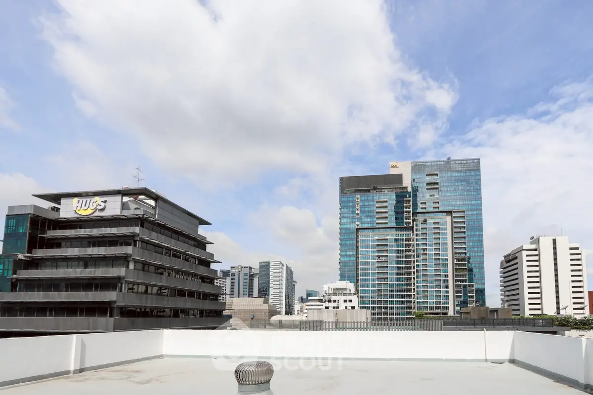 Stunning cityscape view from a rooftop with modern high-rise buildings under a clear blue sky.