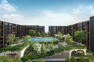 Luxurious modern apartment complex with rooftop pool and lush greenery