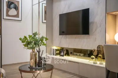 Modern living room with stylish decor and wall-mounted TV, perfect for contemporary living.