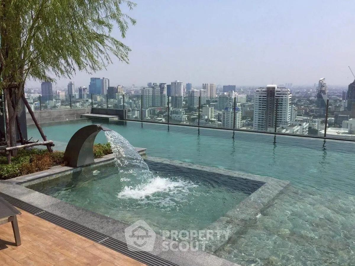 Luxurious rooftop pool with stunning city skyline view, perfect for relaxation and leisure.