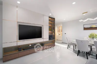 Modern living room with sleek TV unit and elegant dining area, perfect for contemporary lifestyle.