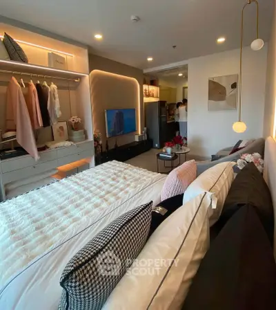 Stylish modern bedroom with open closet and cozy decor