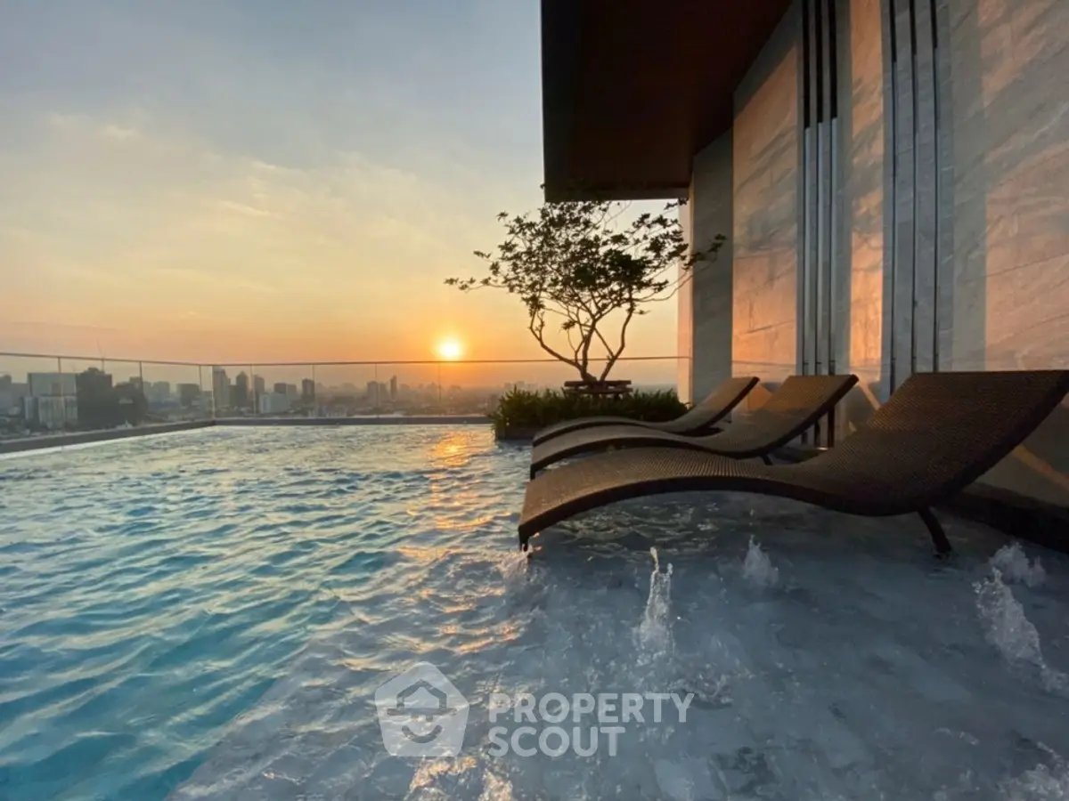 Luxurious rooftop pool with stunning sunset city view, perfect for relaxation and leisure.