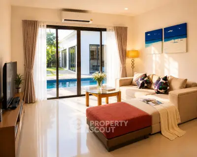 Luxurious living room with pool view, modern decor, and natural light.
