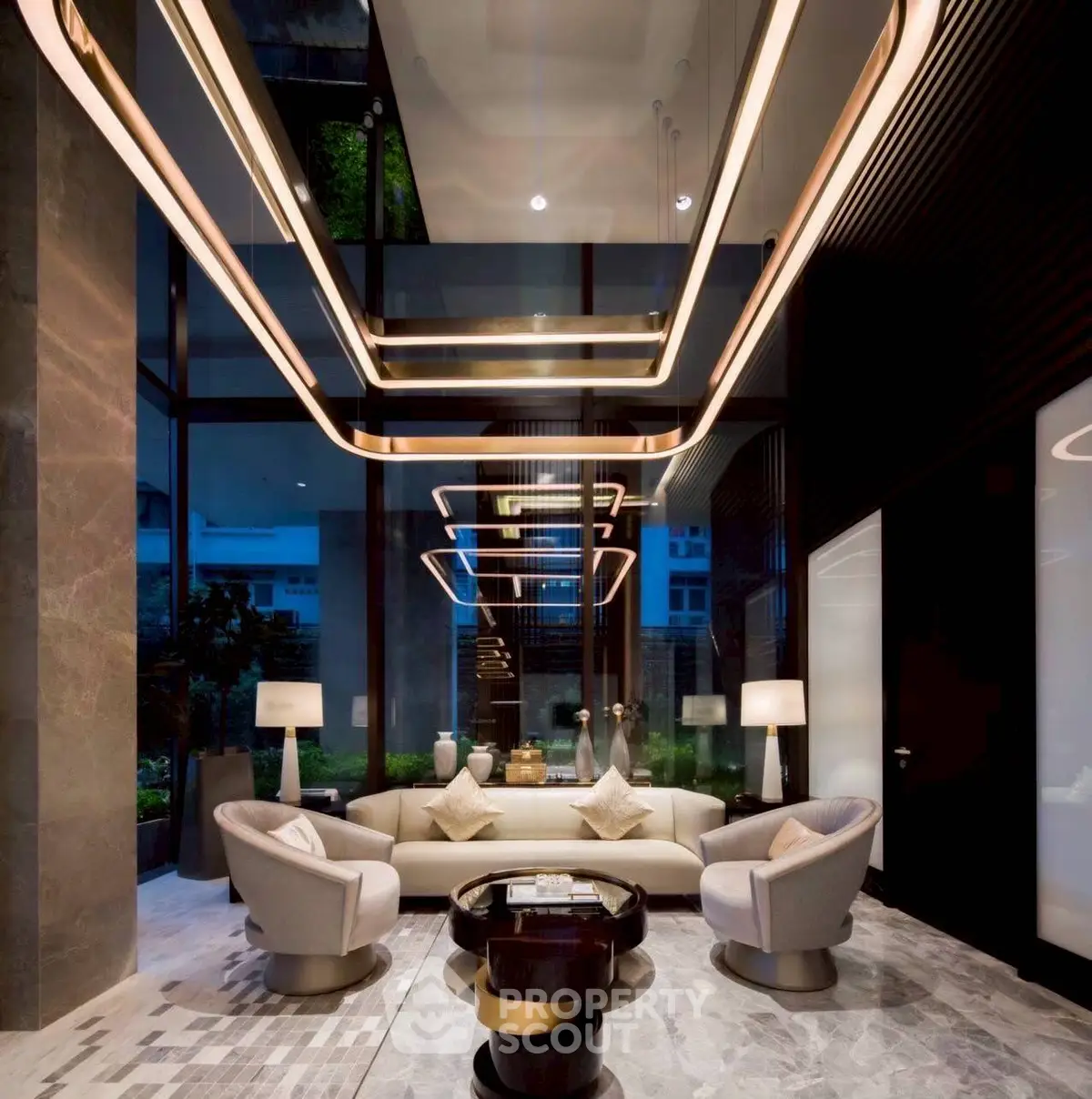 Luxurious modern living room with elegant lighting and stylish furniture