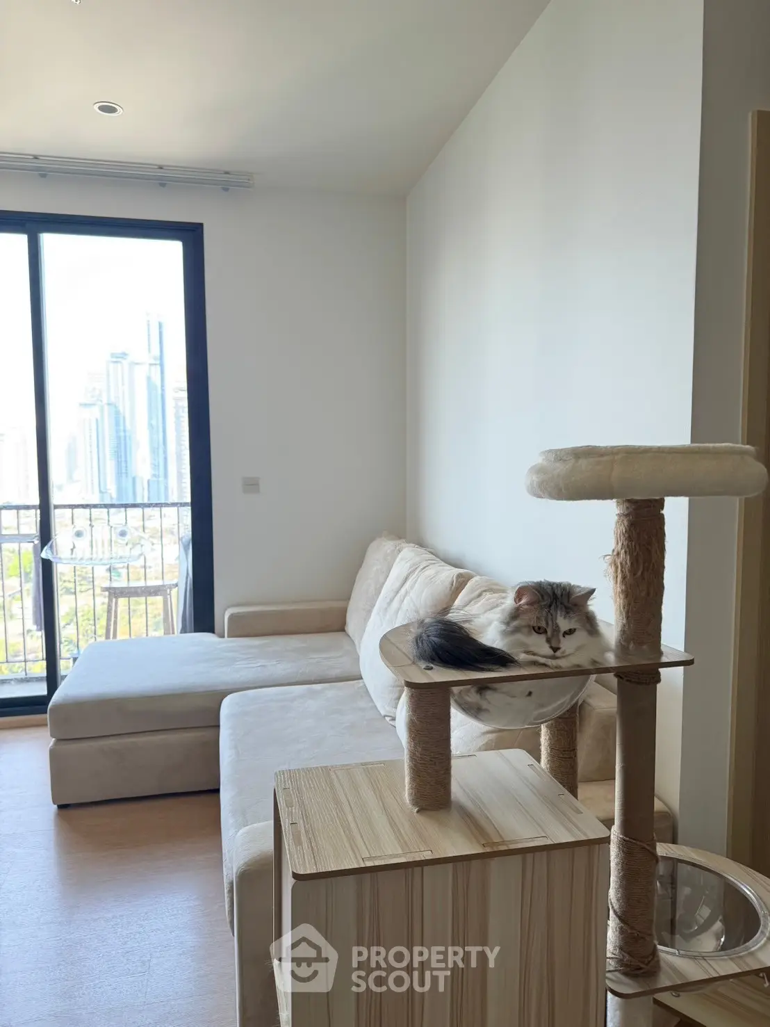 Modern living room with city view and cozy cat corner