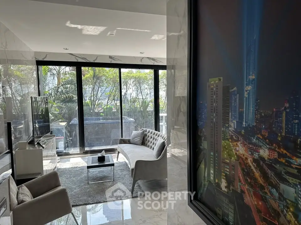 Luxurious living room with modern decor and stunning city view