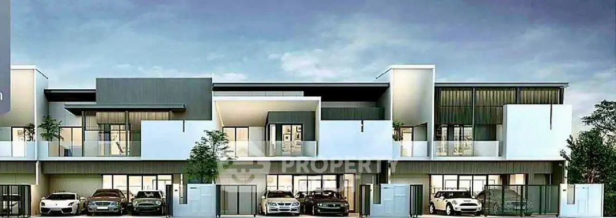 Modern townhouse exterior with sleek design and multiple car garages