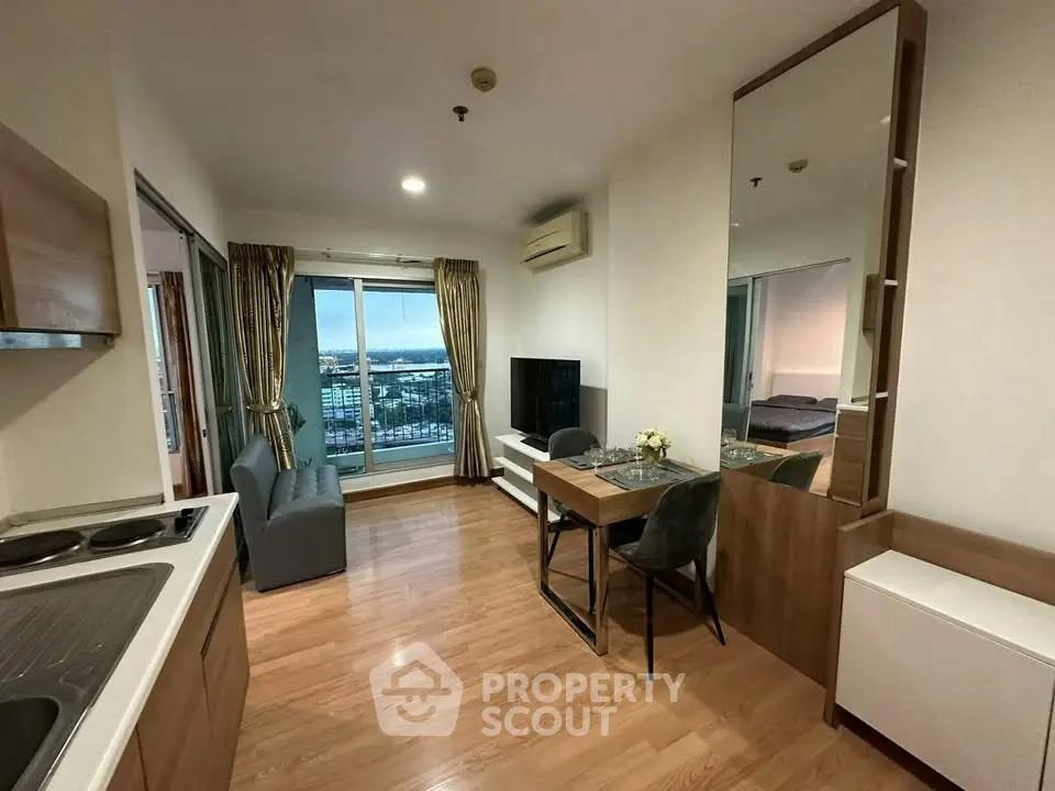 Modern living room with city view, open layout, and stylish furniture