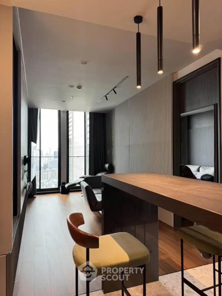 Modern living room with city view and stylish interior design