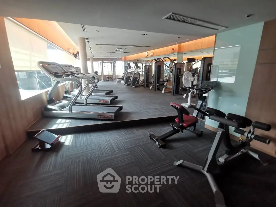 Spacious modern gym with state-of-the-art equipment and natural lighting.