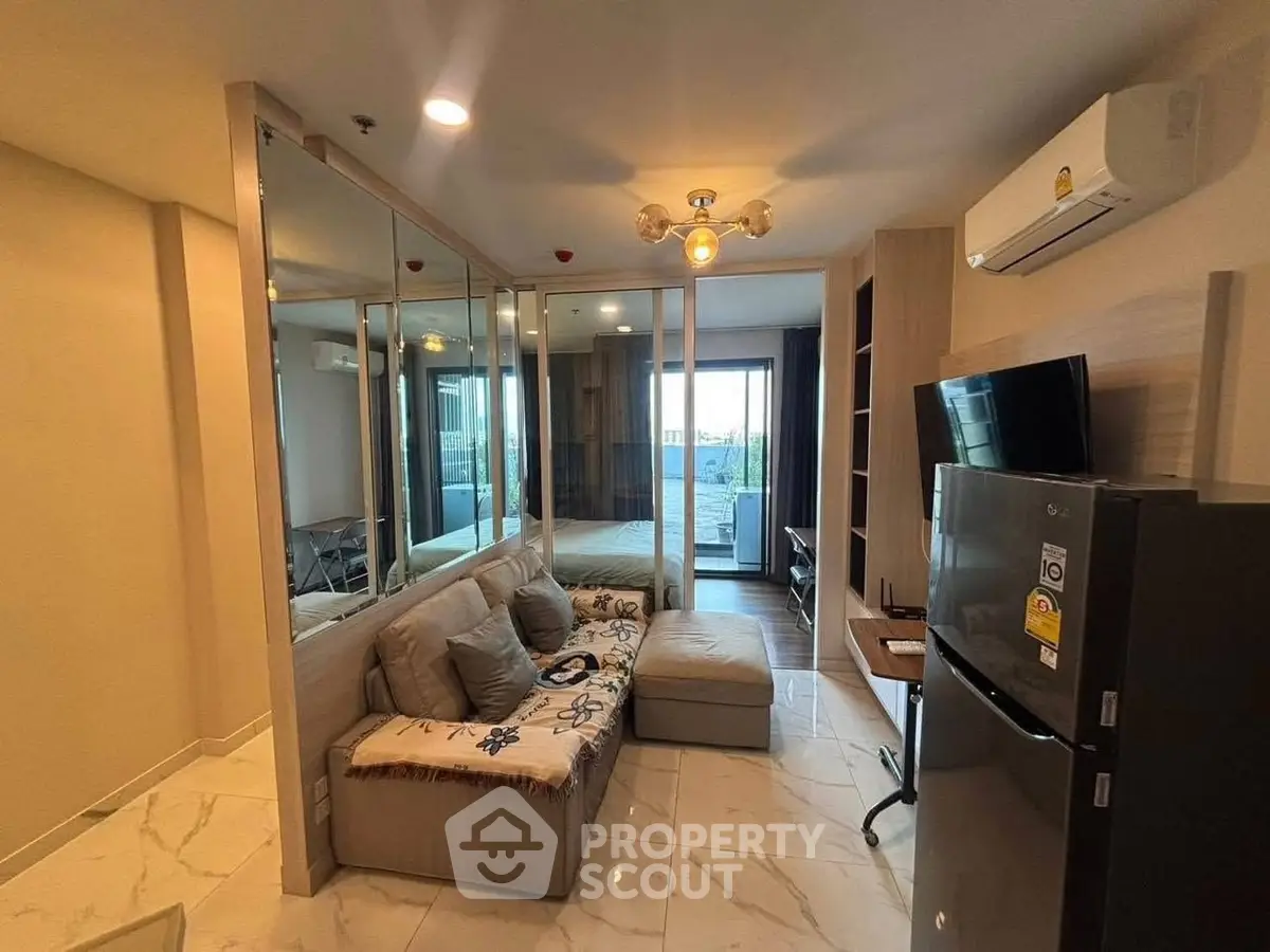 Modern living room with open layout and balcony view