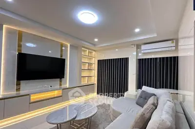 Luxurious modern living room with sleek design and ambient lighting