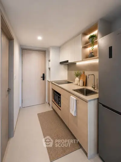 Modern kitchen with sleek cabinetry and built-in appliances in a compact layout.