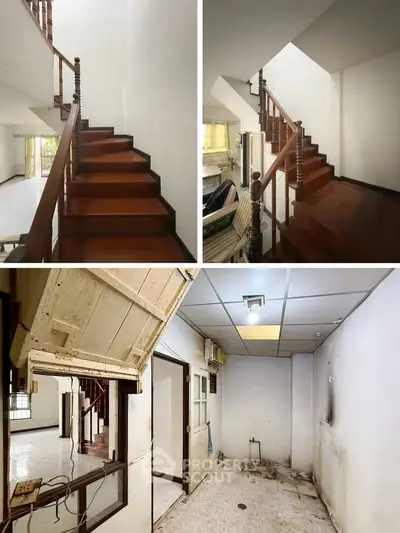 Spacious multi-level home with wooden staircase and potential for renovation.