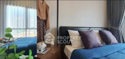 Cozy bedroom with modern decor, featuring a plush bed, stylish pillows, and a scenic window view.