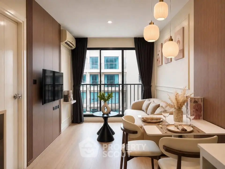 Modern living room with stylish decor and balcony view in a contemporary apartment.