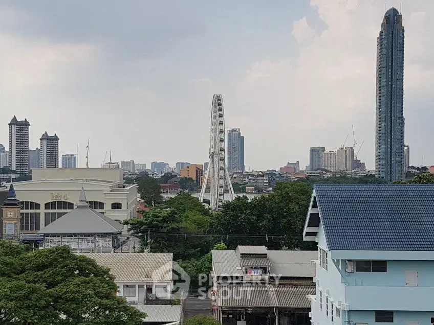 Stunning cityscape view with iconic Ferris wheel and modern skyscrapers.