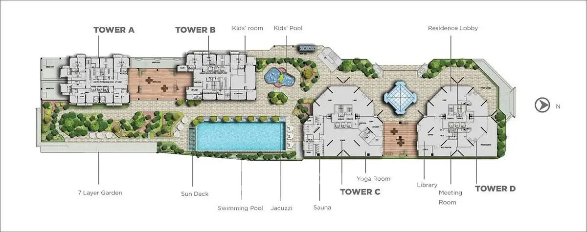 Luxurious residential complex floor plan with pools, gardens, and amenities.