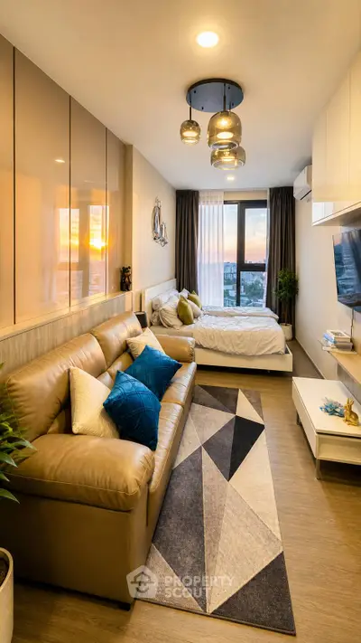 Modern studio apartment with stylish decor and sunset view, featuring a cozy living area and bed.