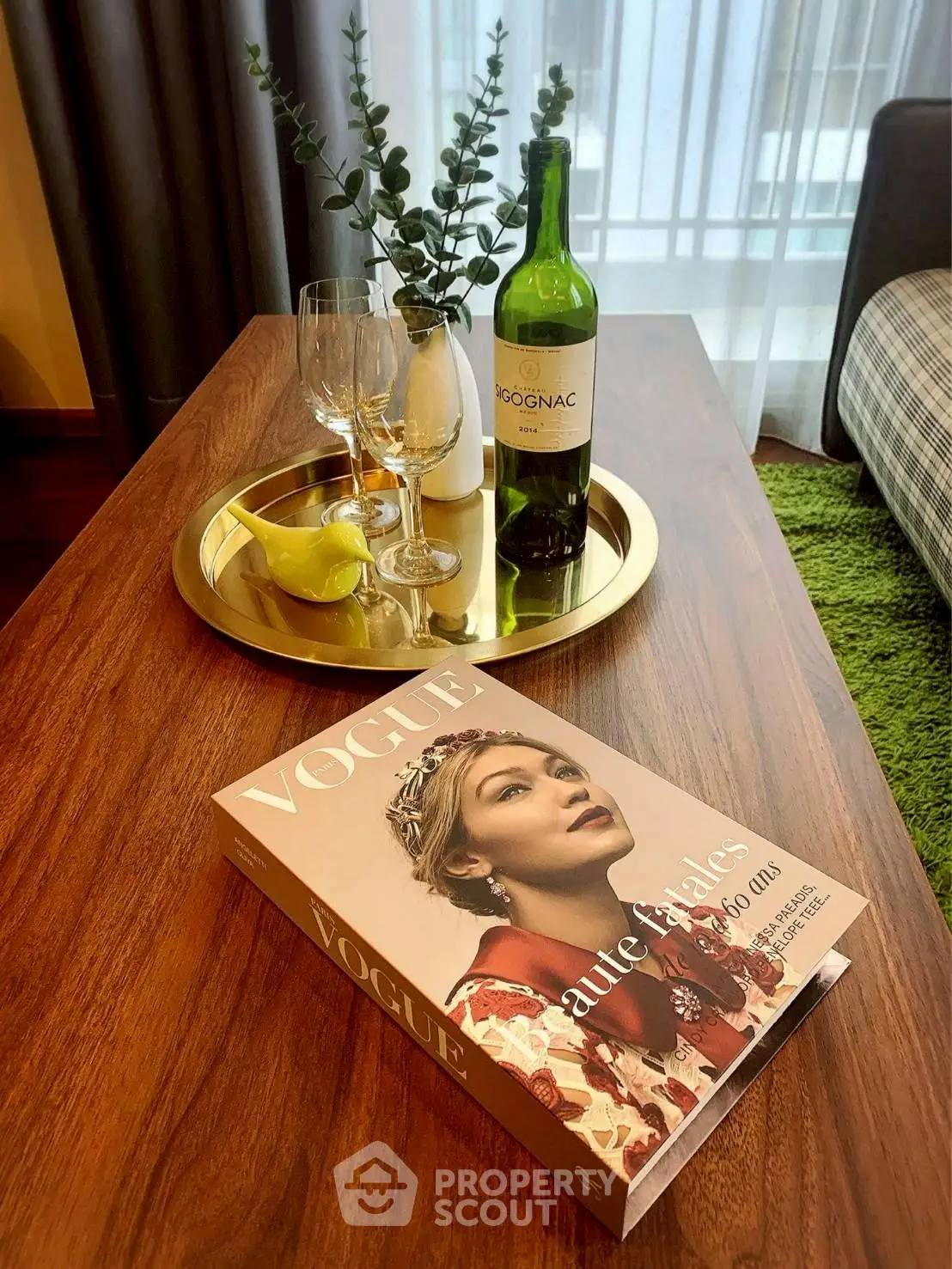 Stylish living room with elegant coffee table decor and wine setup