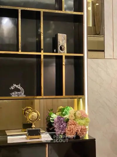 Luxurious interior with elegant shelving and floral arrangement, perfect for sophisticated living spaces.