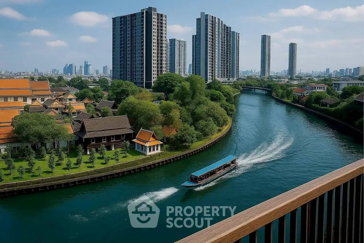 Stunning river view with modern high-rise buildings and lush greenery, perfect for urban living enthusiasts.