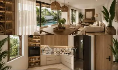Luxurious open-plan living room and kitchen with pool view, elegant decor, and modern appliances.