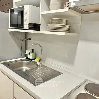 Modern kitchen with sleek countertop, sink, and microwave in compact layout.