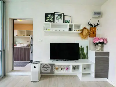 Modern living room with stylish decor and open kitchen layout