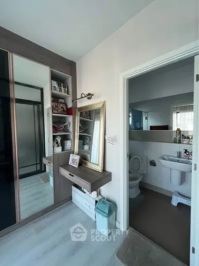 Modern bathroom with sleek design and ample storage space