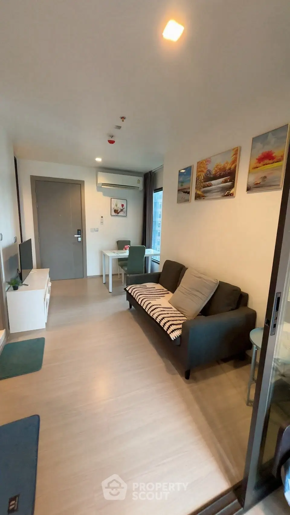 Modern living room with stylish decor and cozy seating in a contemporary apartment.
