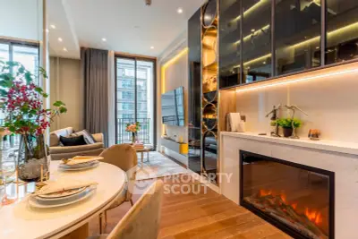Luxurious modern living room with elegant dining area and built-in fireplace, featuring floor-to-ceiling windows.
