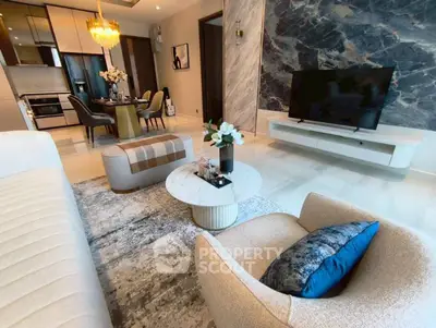Luxurious modern living room with elegant decor and open kitchen layout