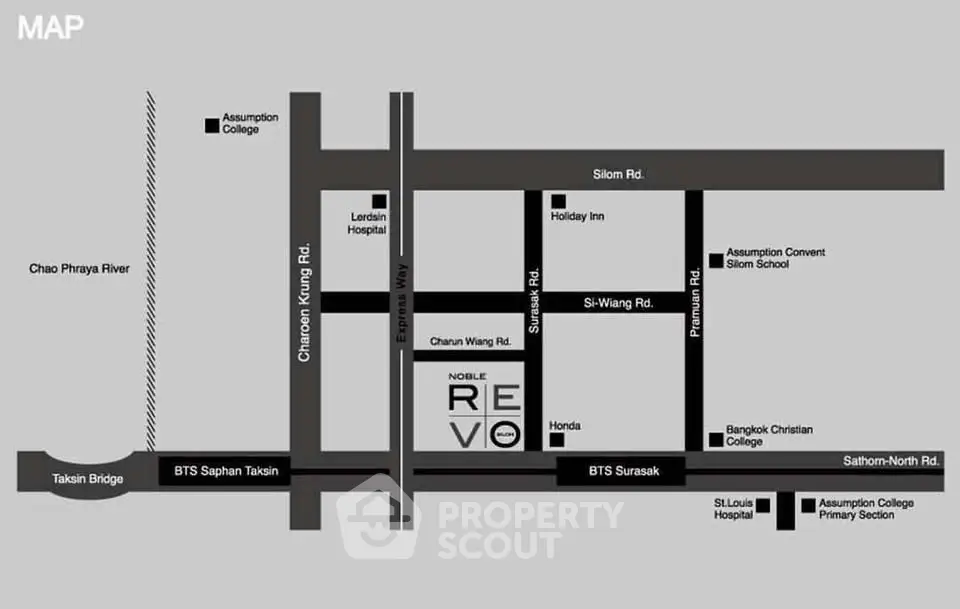 Map showing location of Noble Revo near BTS Saphan Taksin and Chao Phraya River.
