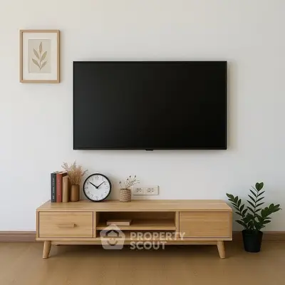 Modern living room with sleek TV setup and stylish wooden furniture.