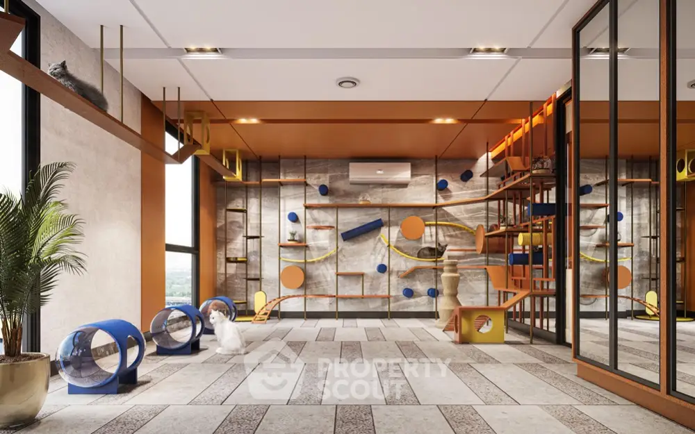 Modern pet-friendly living room with unique play structures and panoramic windows.