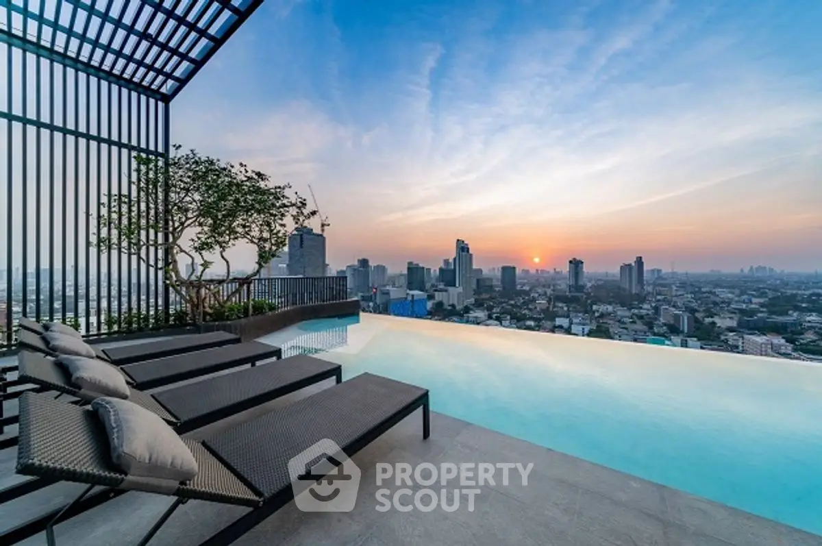 Stunning rooftop infinity pool with breathtaking city skyline view at sunset.