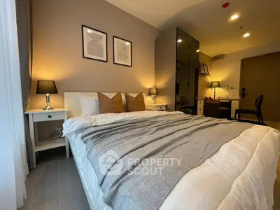 Cozy modern bedroom with stylish decor and ambient lighting