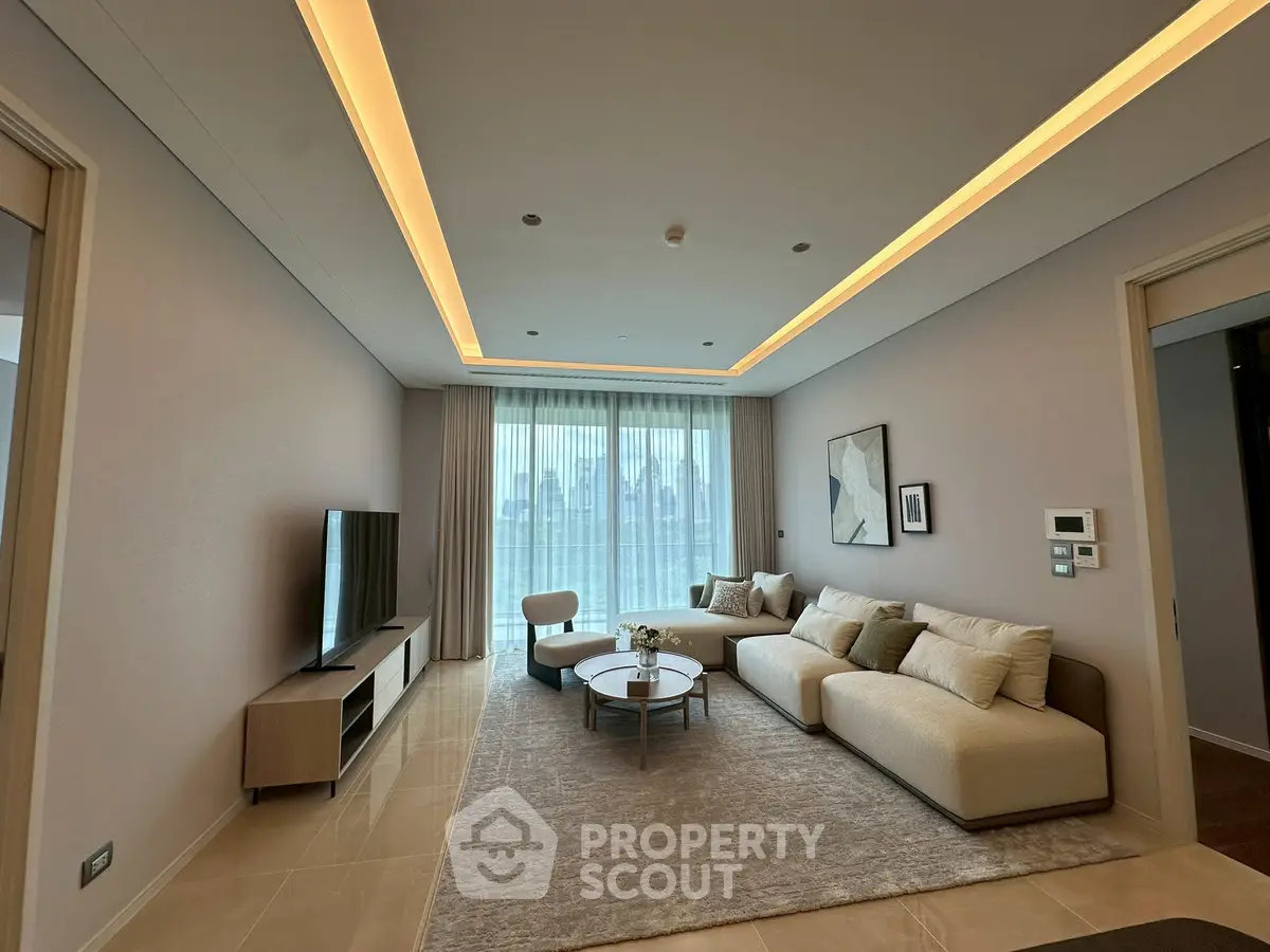 Luxurious modern living room with elegant lighting and city view