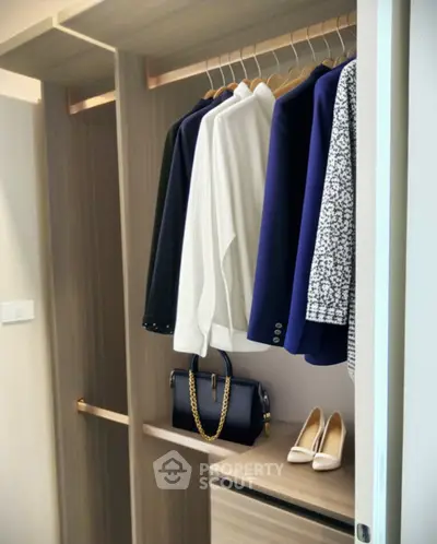 Spacious walk-in closet with elegant clothing and accessories displayed.