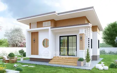 Modern minimalist house with wooden accents and lush garden