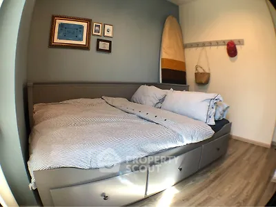 Cozy bedroom with stylish decor and ample storage space