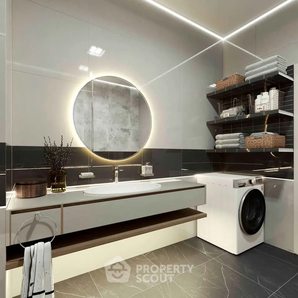 Luxurious modern bathroom with elegant lighting and built-in washing machine